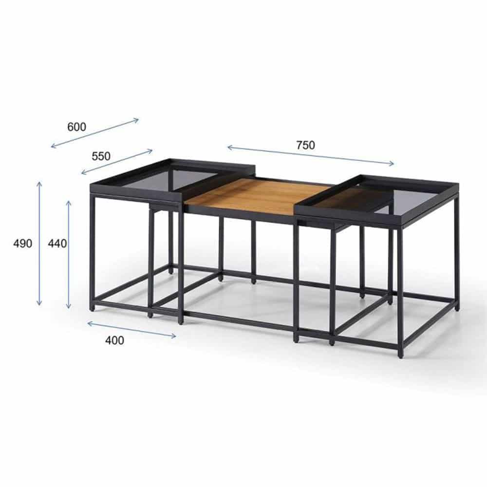 HARMONICA COFFEE TABLE SET 3ΤΕΜ ΦΥΣΙΚΟ ΦΙΜΕ ΜΑΥΡΟ 75x55x44