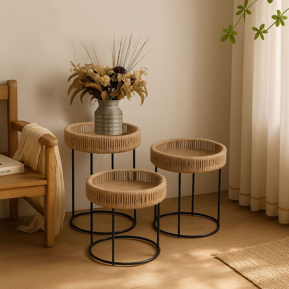 THASOS COFFEE TABLE SET 3ΤΕΜ ΦΥΣΙΚΟ ΜΑΥΡΟ 40x40x51