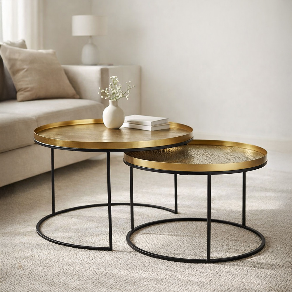 TOTALE COFFEE TABLE SET 2ΤΕΜ BRASS ANTIQUE ΜΑΥΡΟ 76x76x43.5